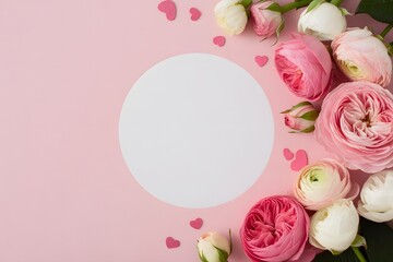 Round floral frame with pink and white roses on pink background, romantic greeting card template, spring flower wreath design flat lay
