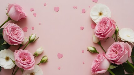 Beautiful pink roses and small hearts on soft pastel background, romantic floral flat lay for Valentine’s Day, wedding, or love celebration concept