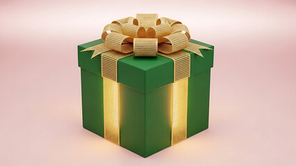 Green gift box with gold ribbon and bow on light pink background