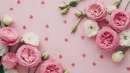 Beautiful pink roses and small hearts on soft pastel background, romantic floral flat lay for Valentine’s Day, wedding, or love celebration concept