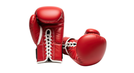 Pair of classic red boxing gloves symbolizing strength power determination and fitness isolated on transparent background