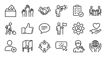 Fototapeta premium Set of social activity line icons representing voting, community, and collaboration