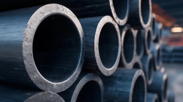 471Macro detail of stacked gray plastic pipes, edges slightly offset to show depth, smooth reflective surfaces emphasized in industrial warehouse lighting