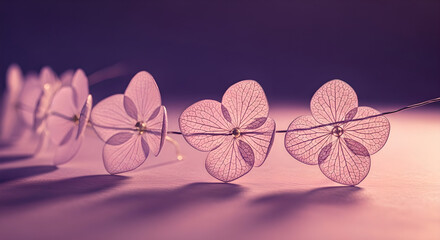 Fototapeta premium Skeleton Leaves Dried Flowers Translucent Petals Purple Pink Copy Space