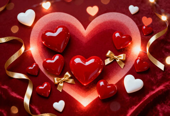A vibrant red heart surrounded by smaller red and white hearts with golden ribbons for Valentines Day holiday poster