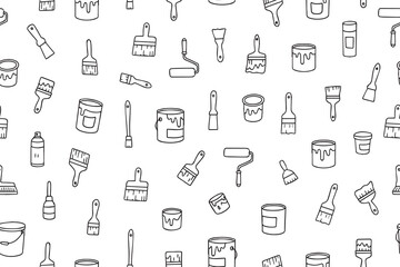 Seamless vector pattern with painting tools, including brushes, rollers, and jars. Perfect for design projects related to painting, home improvement, and home improvement.