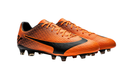 Dynamic orange and black soccer cleats for athletic performance professional sports training isolated on transparent background