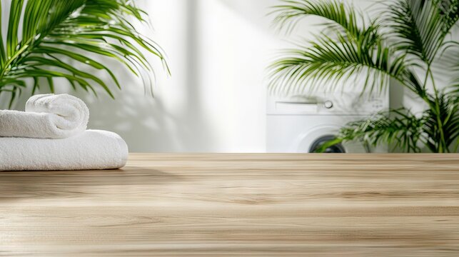 Fresh towels are neatly arranged on a wooden surface in a bright laundry room with a washing machine and green plants in the background