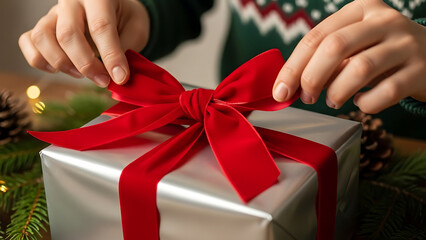 Person tying a bright red velvet bow on a silver wrapped gift
