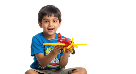 Joyful young boy playing with colorful toy airplane Childhood happiness imagination growth isolated on transparent background