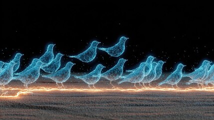 Neon bird tracks in sand glowing with bright electric lines, stylized digital wildlife footprint design, glowing bird trail illustration on dark backgrounds
