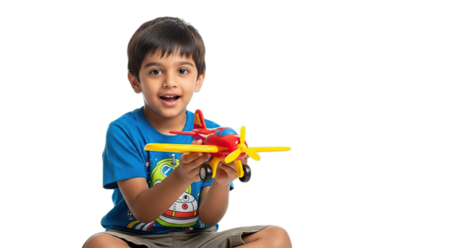 Joyful young boy playing with colorful toy airplane Childhood happiness imagination growth isolated on transparent background