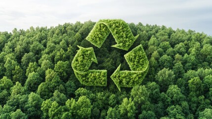 Green landscape with recycling symbol made of trees showcasing environmental awareness and nature conservation efforts in a lush forest setting