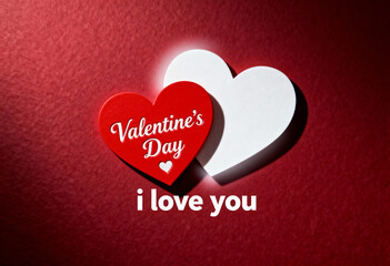 Valentines day i love you message on red and white hearts against textured red background with glow