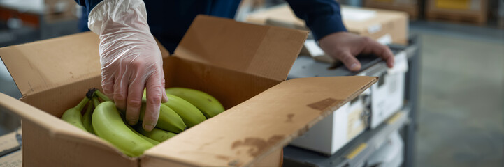 A worker's gloved hands place bananas in a box