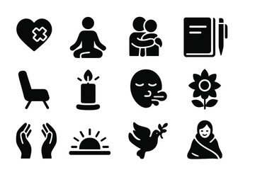 Emotional Healing Icons. Emotional healing. Solid icon set of Emotional healing: heart with bandage, meditation figure, supportive hug, journal and pen,