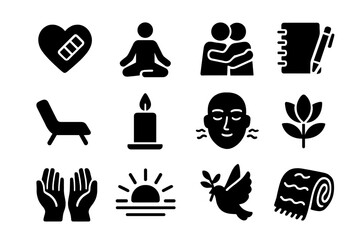 Emotional Healing Icons. Emotional healing. Solid icon set of Emotional healing: heart with bandage, meditation figure, supportive hug, journal and pen,