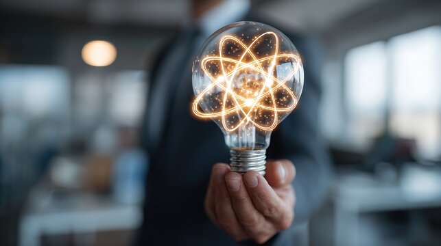 Hand holding glowing light bulb featuring atomic structure, symbolizing innovation and power.