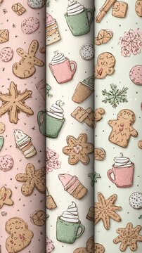 A seamless holiday pattern featuring Christmas cookies and cocoa, ideal for wrapping paper, apparel, and stationery.