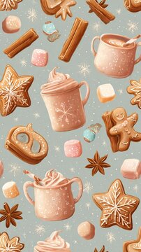 A seamless holiday pattern featuring Christmas cookies and cocoa, ideal for wrapping paper, apparel, and stationery.