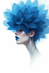 Abstract profile of woman with blue petal hair and closed eyes