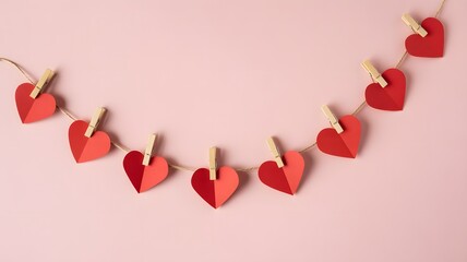 Valentine’s day decoration with red paper heart garland on pink background, romantic love celebration and handmade craft concept design