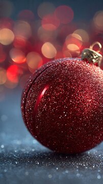 A detailed macro shot of a glittery Christmas ornament with festive bokeh lighting, perfect for holiday ads, product backgrounds, and marketing visuals.