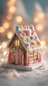 Realistic gingerbread house with frosting details, colorful candies, candy canes, powdered sugar snow, cozy warm lighting, shallow depth of field, festive holiday scene.