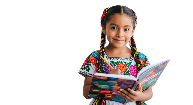 Happy young Mexican girl in traditional dress studying cheerfully holding notebook isolated on transparent background
