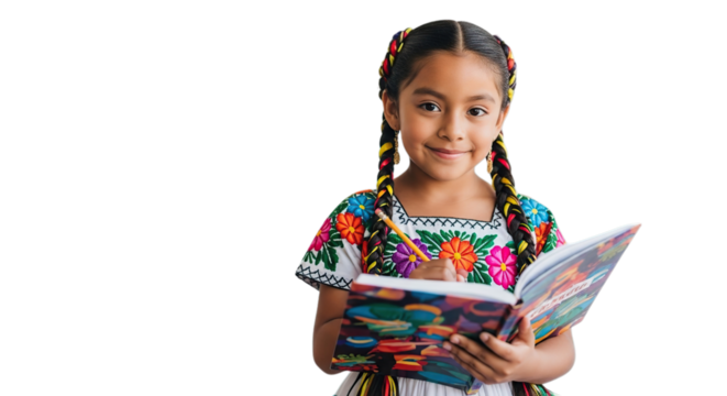 Happy young Mexican girl in traditional dress studying cheerfully holding notebook isolated on transparent background