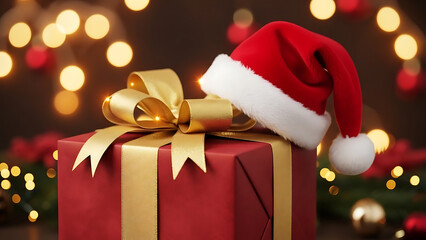 Red christmas gift box with gold ribbon and santa hat bokeh light