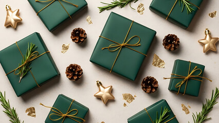 Top view of dark green christmas gift boxes with pine cones and star ornament