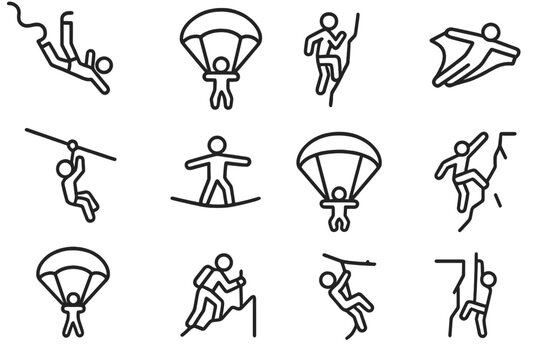 Extreme Sports Icons. Extreme sports heights. Line icon set of extreme sports heights: bungee jump, skydiver, rock climber, wingsuit flyer, zipline, slackline,