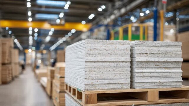 485Industrial construction scene showing stacks of drywall, panels in neat bundles, focus on paper surfaces and corners, ambient natural light highlighting materials