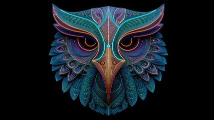 Naklejka premium Neon bird tribal mask glowing with intricate electric neon lines, stylized wildlife mask illustration, modern glowing tribal art for digital design projects