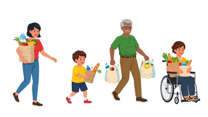 Family Grocery Shopping Trip Diverse Group Carrying Shopping Bags with Groceries