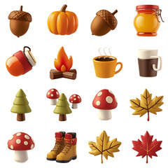 Autumn harvest forest and campfire icons isolated on a transparent background acorn pumpkin image