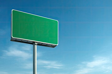 Blank green highway sign against a vibrant blue sky with wispy clouds in the background