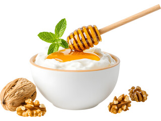 Bowl of yogurt with walnuts and honey isolated on transparent background. Perfect for healthy food design.