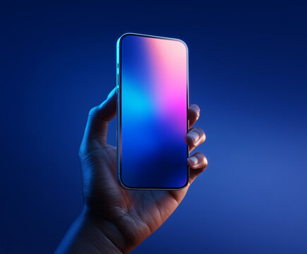 sleek smartphone held in hand, showcasing vibrant, colorful screen against blue background. modern design and glowing display create futuristic feel - Powered by Adobe