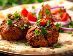 Two delicious meatballs sit atop flatbread with a vibrant tomato and onion salad in soft, warm lighting