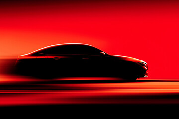 sleek car silhouette in motion against vibrant red background, showcasing dynamic lines and sense of speed. image captures essence of modern automotive design and performance