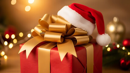 Red christmas gift box with gold ribbon and santa hat bokeh