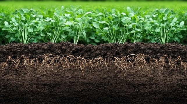 Healthy green plants thrive in rich soil with visible roots on a sunny day in a vibrant agricultural field - Powered by Adobe