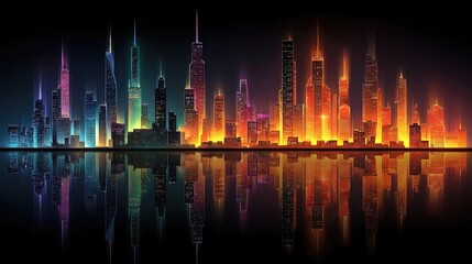 Neon futuristic city skyline silhouettes featuring glowing buildings, dynamic lighting, and vibrant neon colors perfect for digital art and sci-fi designs.