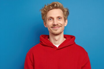 Portrait of a smiling blonde man in red hoodie against blue background, studio shot with space for text. Friendly casual male presenting approachable vibe, ideal for designs needing copy space.