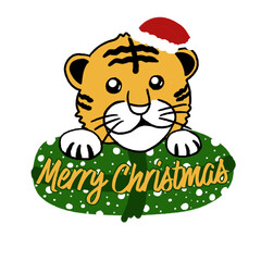 Christmas Tiger Illustration &ndash; Cute Santa Tiger with Snowy Gift Tag