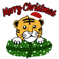 Christmas Tiger Illustration &ndash; Cute Santa Tiger with Snowy Gift Tag