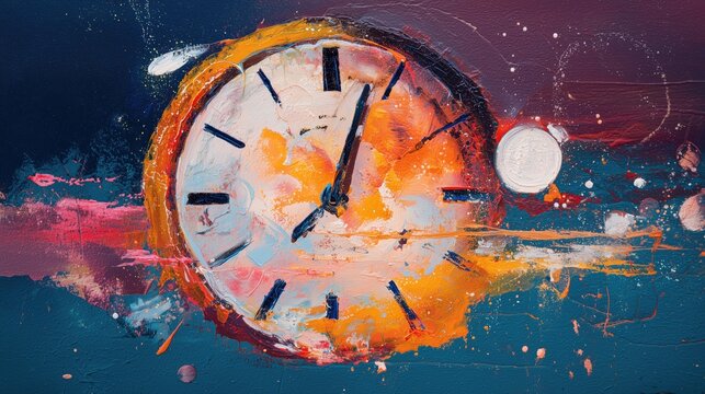 Abstract painting of a clock with bold brushstrokes and dynamic motion, concept for time, urgency, and artistic expression