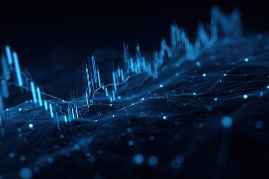 Abstract blue illustration of financial data charting with connected lines, dark background
